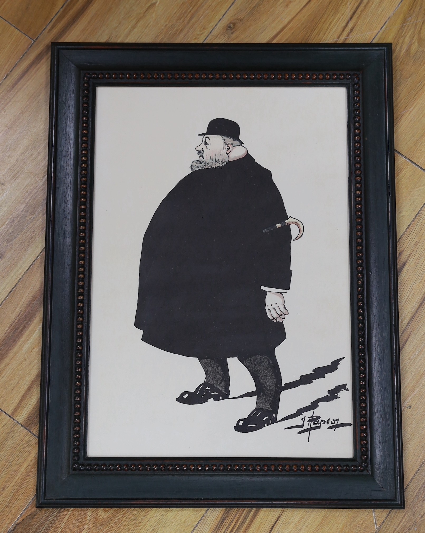 J. Papson, colour print, Caricature of a bearded gentleman, 41 x 29cm